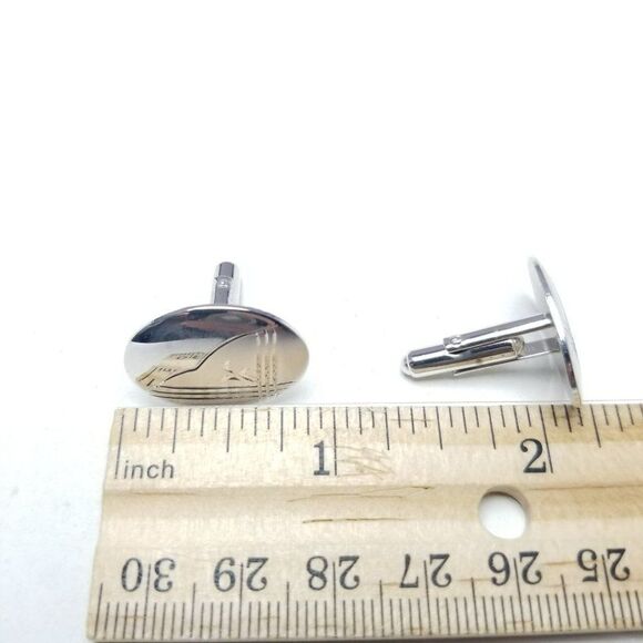 Vintage Sterling Silver Oval Cufflink, Etched Minimal Tbar Style, Formal Dress - Picture 5 of 7